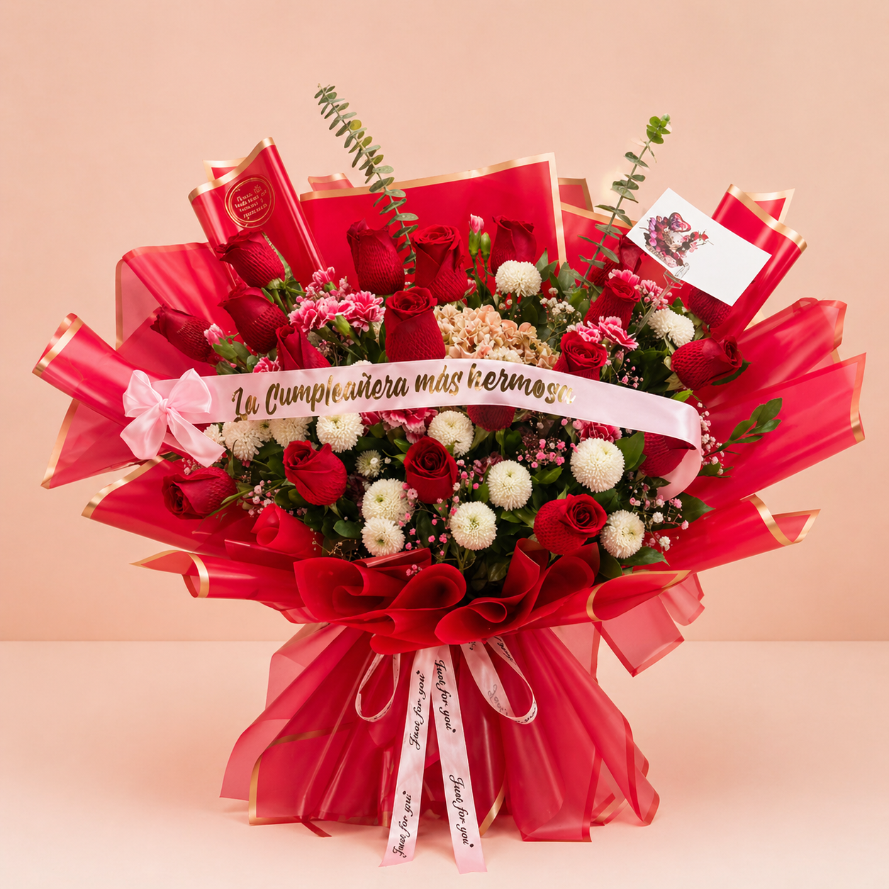Arreglo 18 rosas + cinta con mensaje + flores secundarias